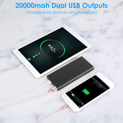 1Pc 20000mAh Power Bank Portable External Battery Pack Phone Charger With Dual USB Output Type C Micro USB Input