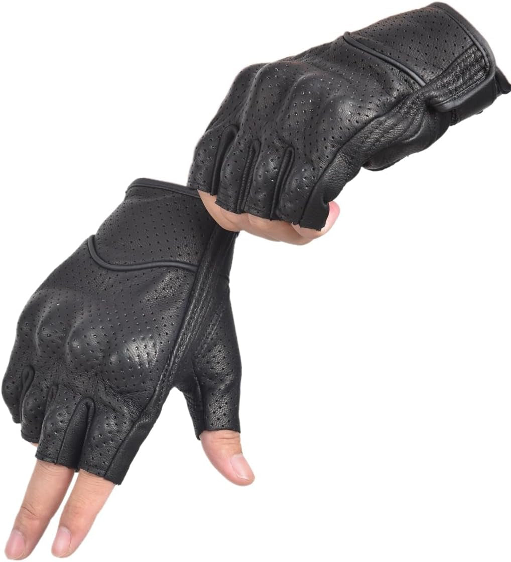 Fingerless Leather Gloves for Men Black Breathable Leather