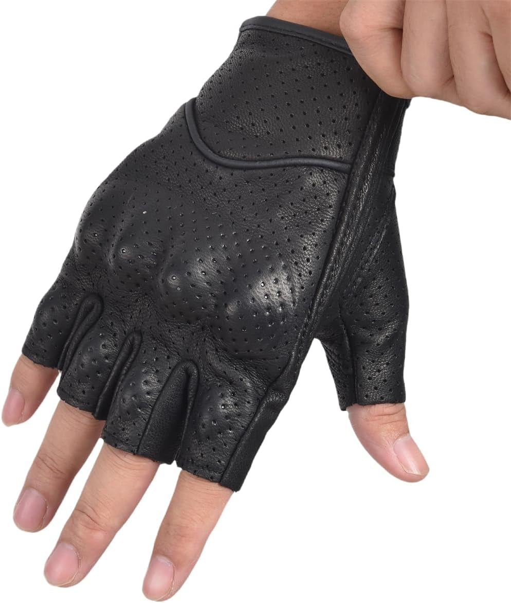 Fingerless Leather Gloves for Men Black Breathable Leather